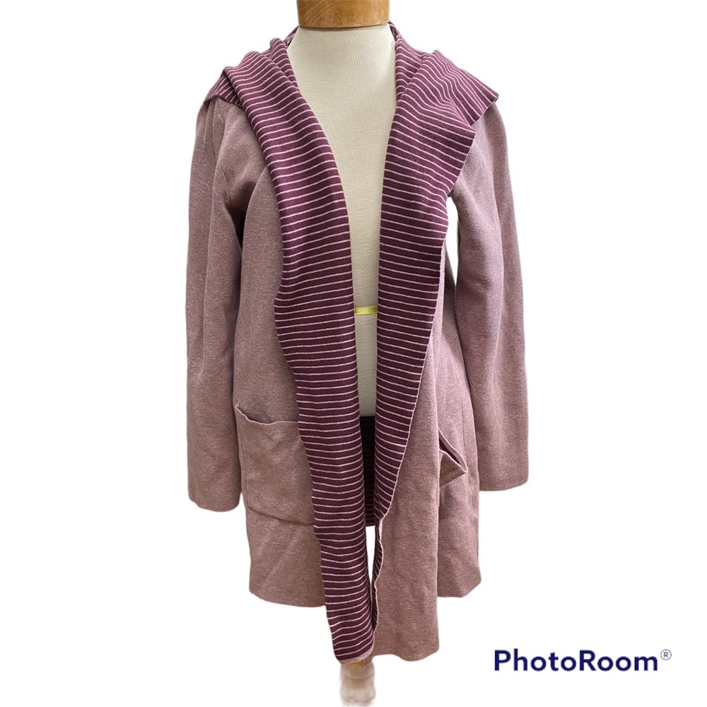 Denim & Co Open Front Cardigan Pockets Size L Dusty Rose Burgundy Striped inside